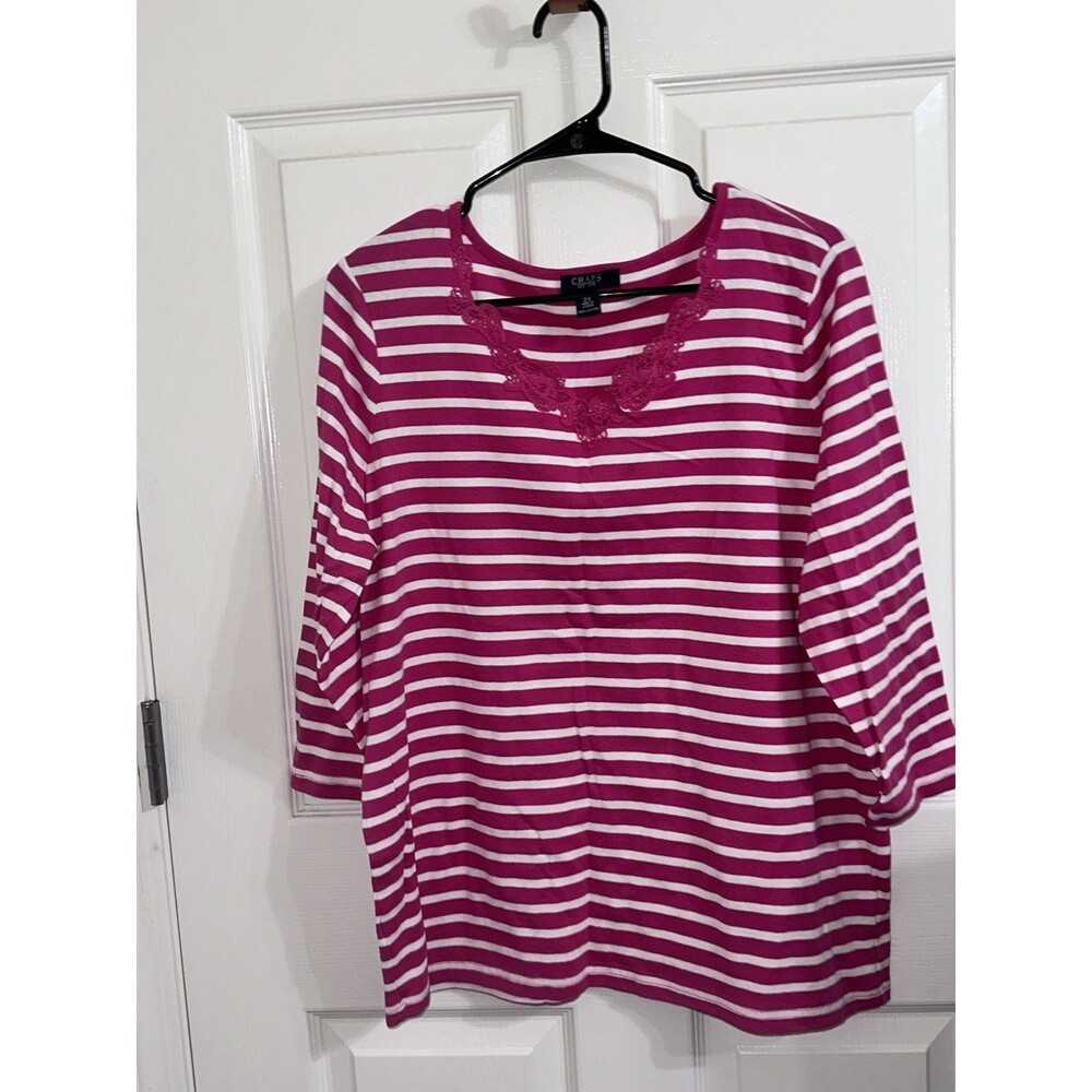 Chaps Pink White Striped V-Neck Lace Blouse 3/4 Sleeve 2X